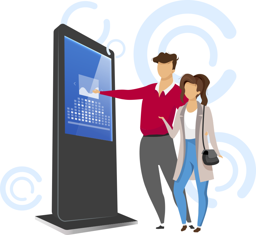 Morning Media Digital Marketing Couple Looking at Kiosk Illustration