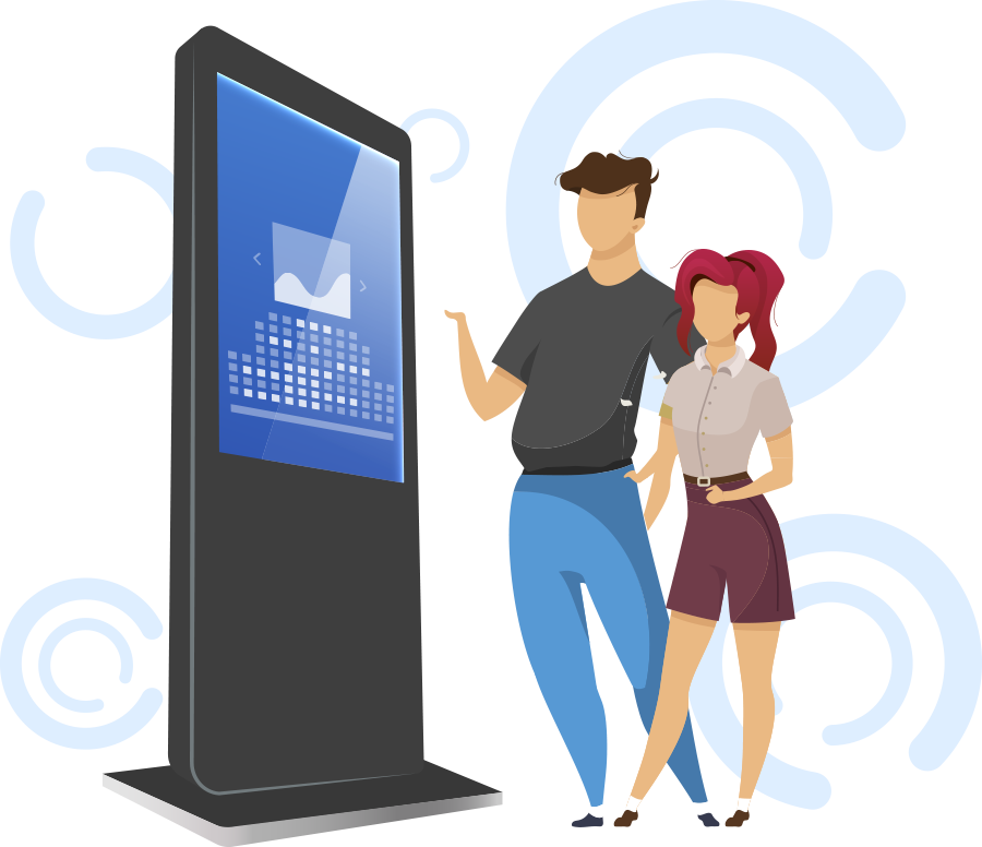 Morning Media Digital Marketing Couple Looking at Kiosk Illustration