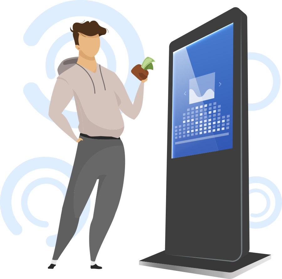 Morning Media Digital Marketing Guy With Cash Looking at Kiosk Illustration